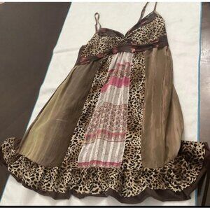 RARE Y2K Babydoll Milkmaid fairy Patchwork slip Mini dress Leopard Silk EUC Read